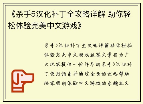 《杀手5汉化补丁全攻略详解 助你轻松体验完美中文游戏》